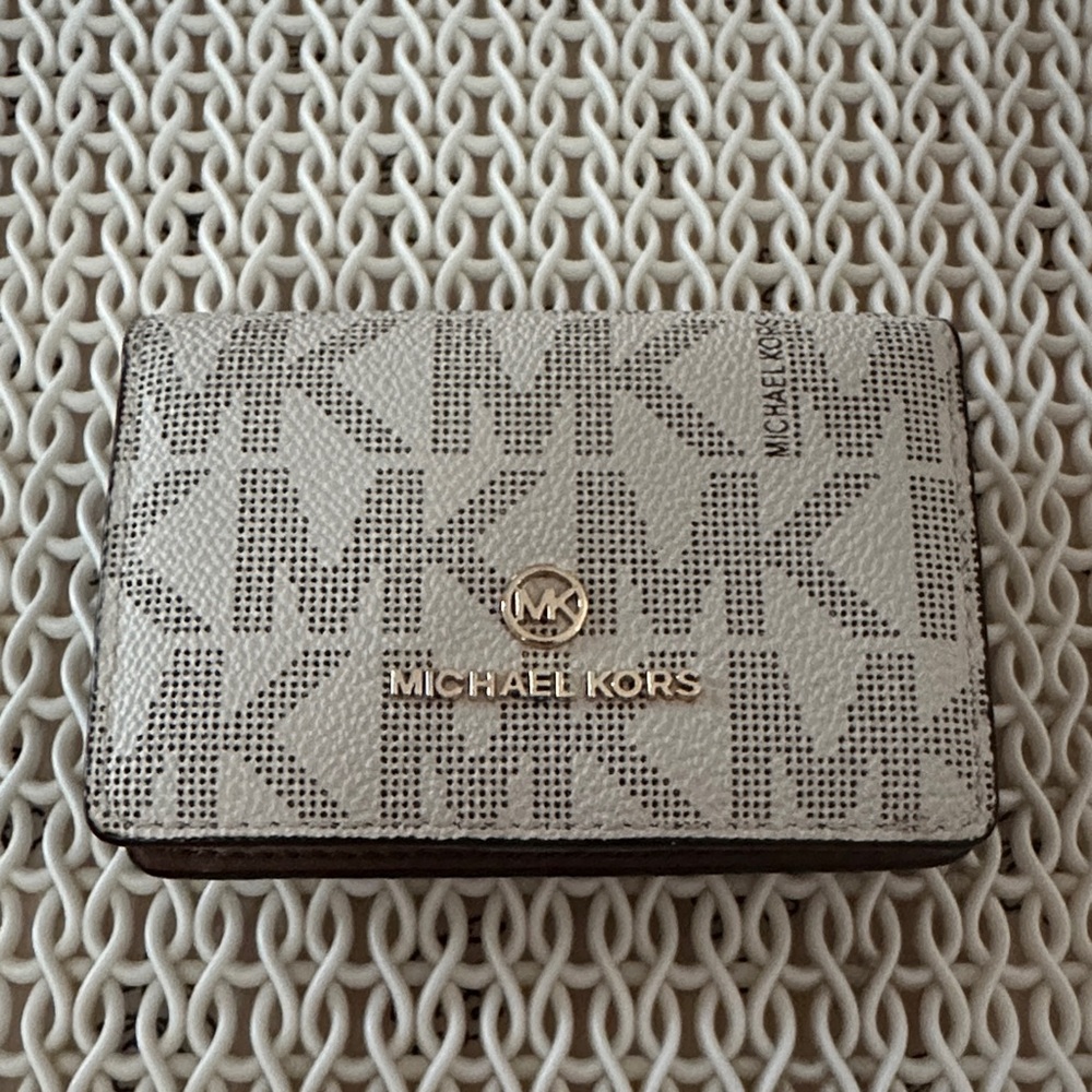Michael Kors Beige and Brown MK Logo small Compact Wallet